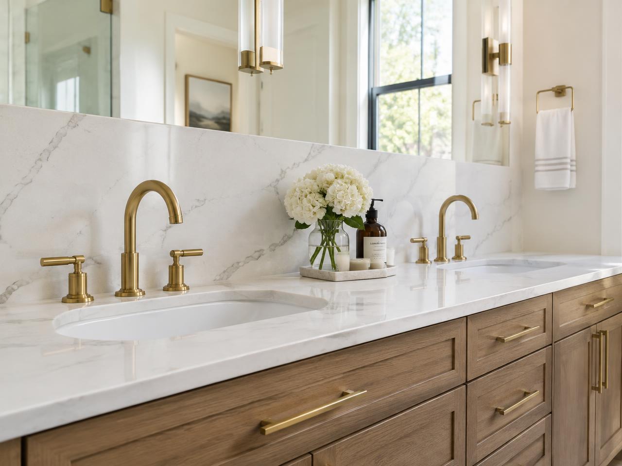 Bathroom vanity with white quartz countertop and matching backsplash