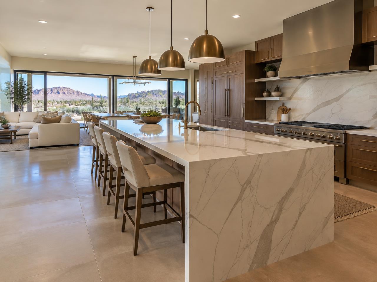 Long quartz island in an open-plan desert home kitchen