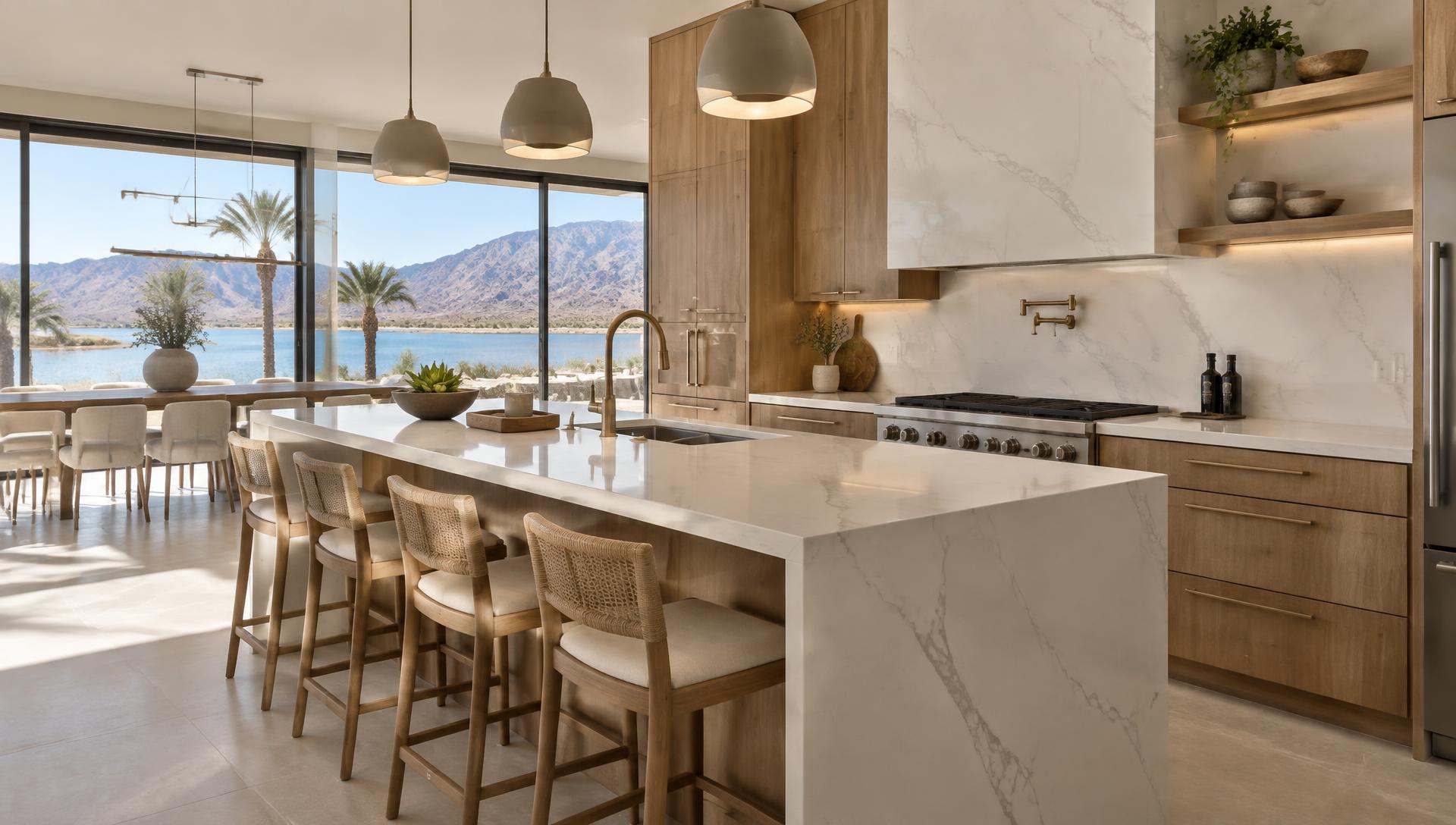Sunlit modern kitchen with a white quartz waterfall island