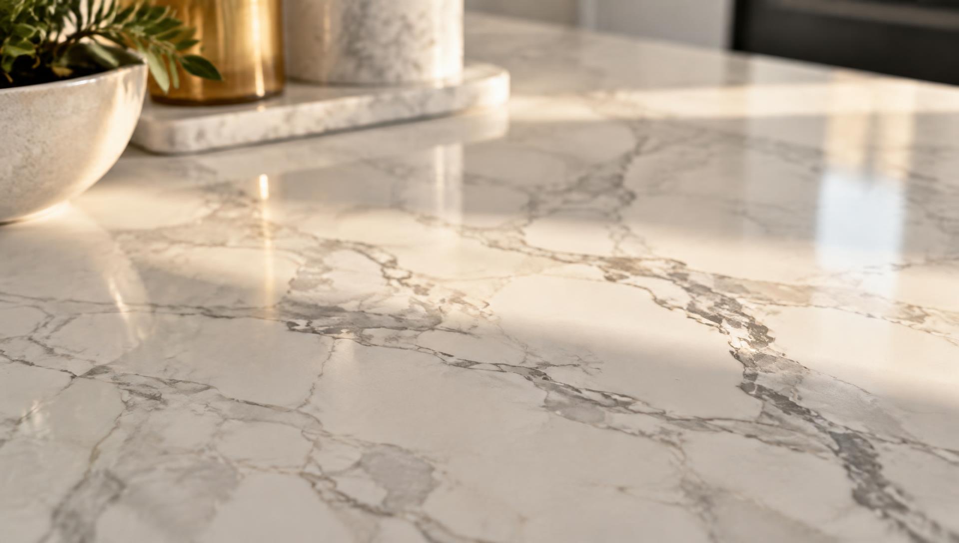 Close-up of polished marble-look quartz surface